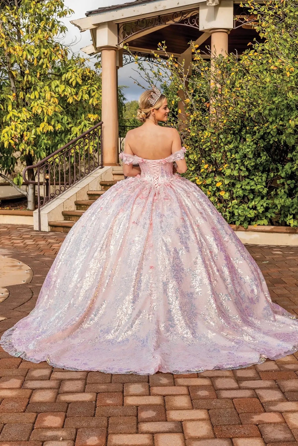 Back view of a Blush quinceañera gown showing lace-up back, glitter tulle skirt, and lace appliqués