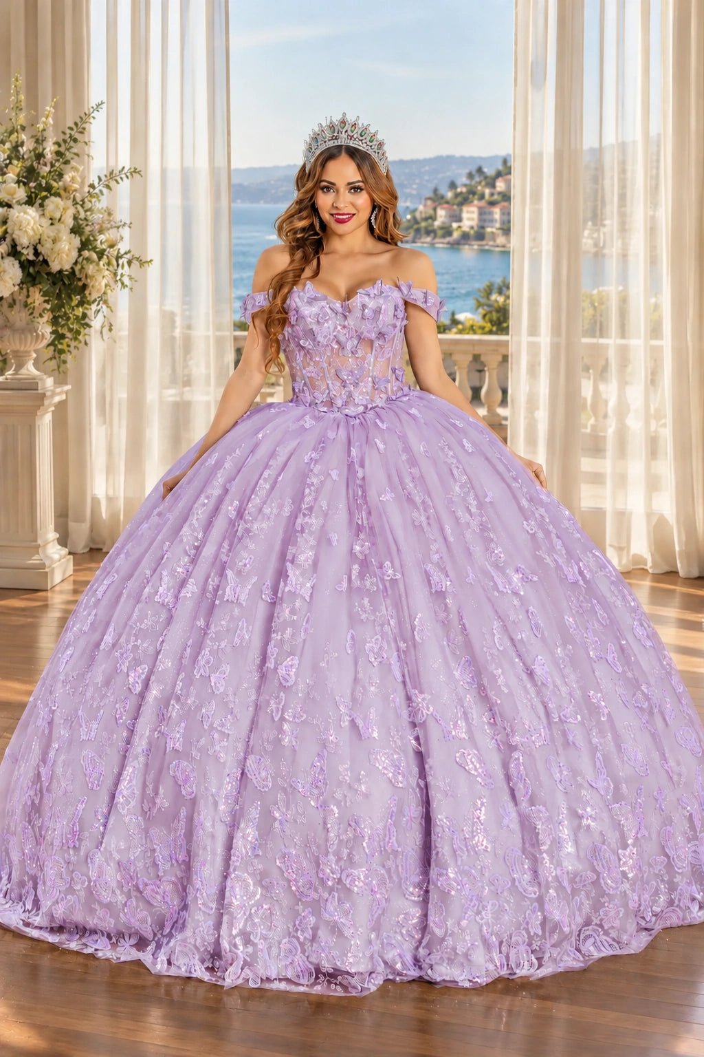Lilac tulle quinceañera dress with off-the-shoulder sleeves and embroidered butterfly appliqués.