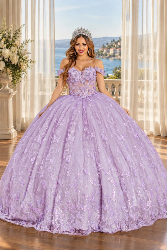 Lilac tulle quinceañera dress with off-the-shoulder sleeves and embroidered butterfly appliqués.