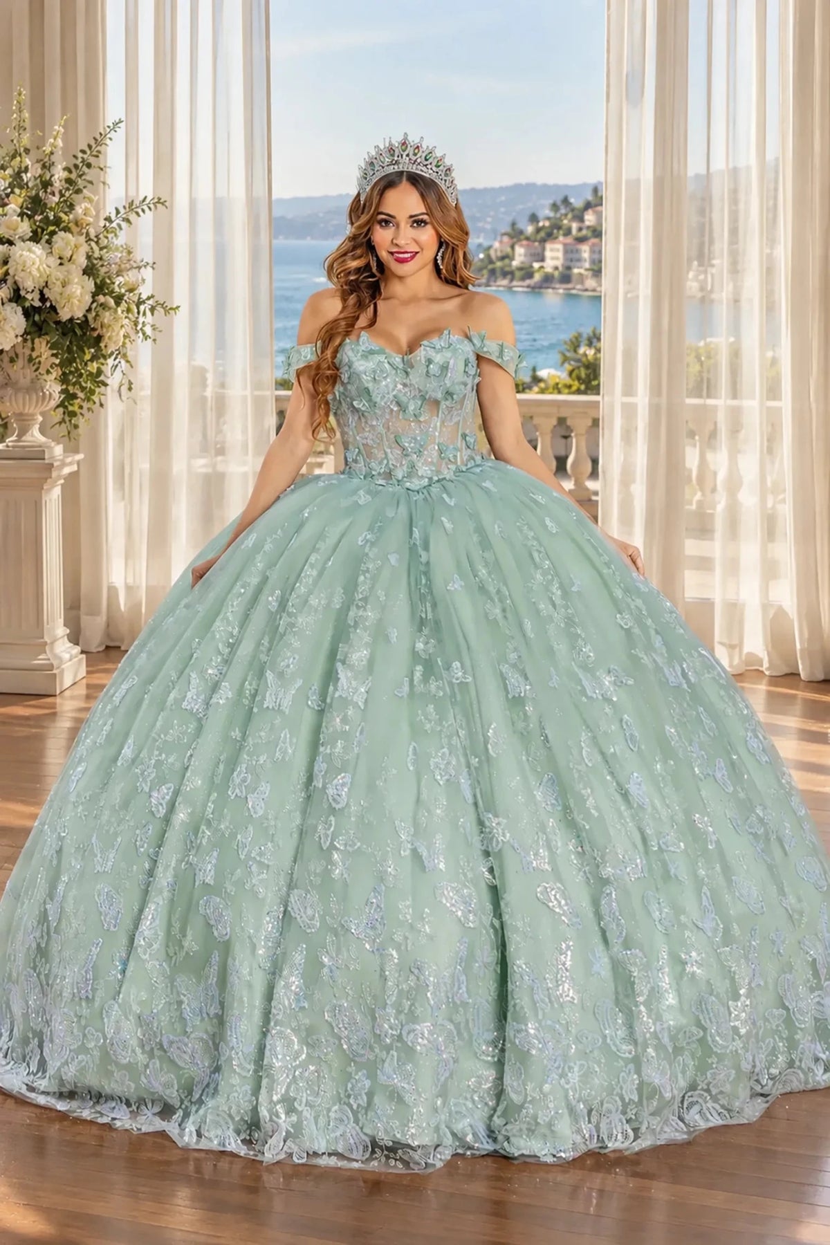 Off-shoulder neckline and floral lace highlight the Sage Tulle Quinceañera Dress with Lace Corset Bodice.