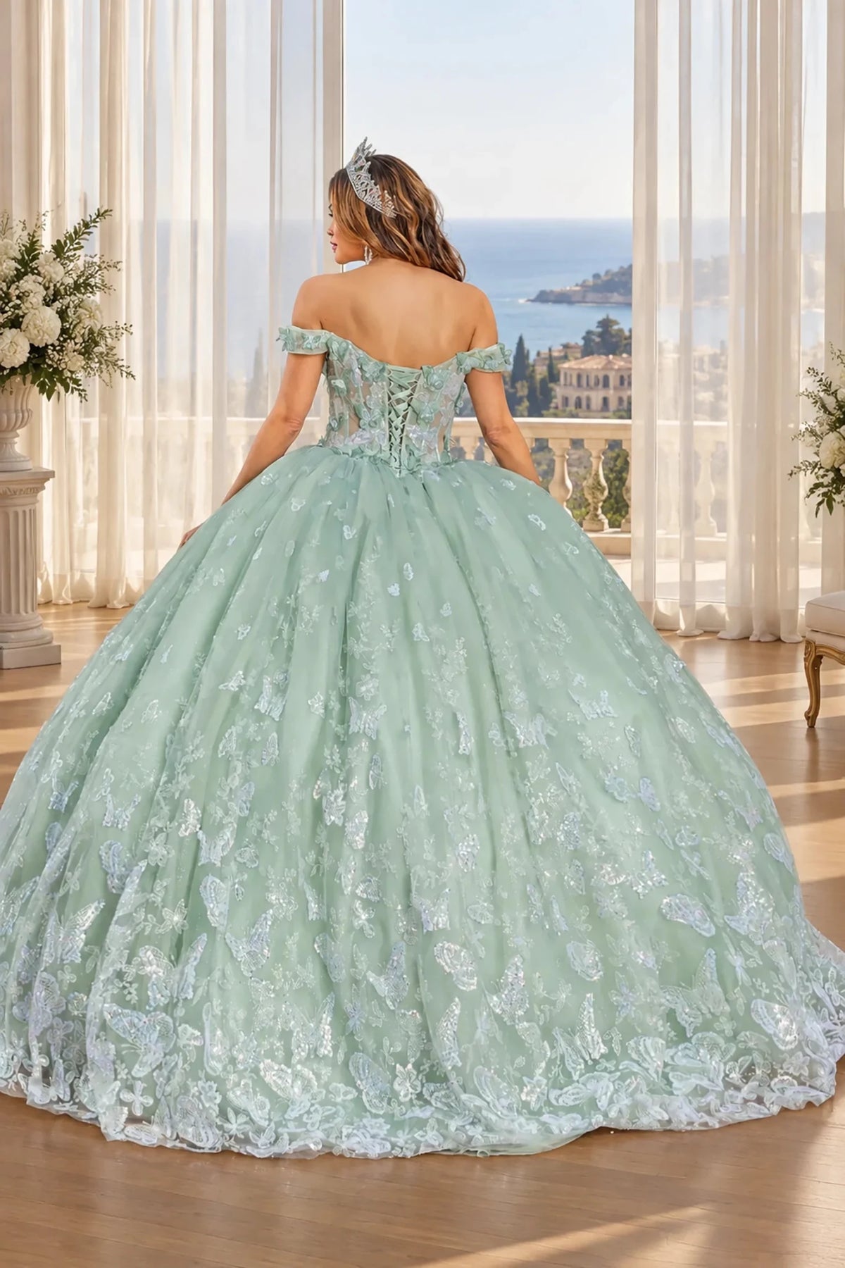Lace-up corset back completes the Sage Tulle Quinceañera Dress with Lace Corset Bodice.