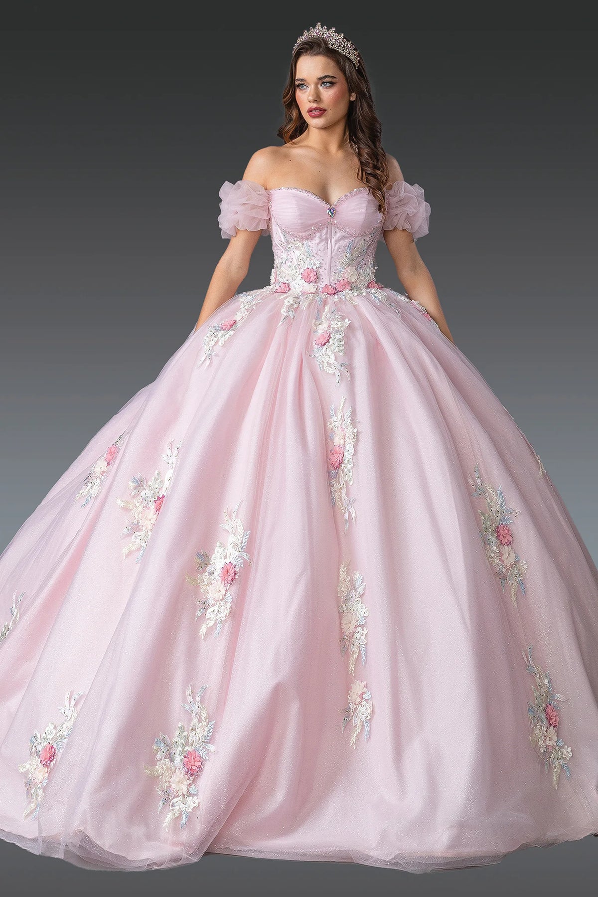 Full-length front view of a Blush quinceañera gown with off-the-shoulder neckline and floral appliqués
