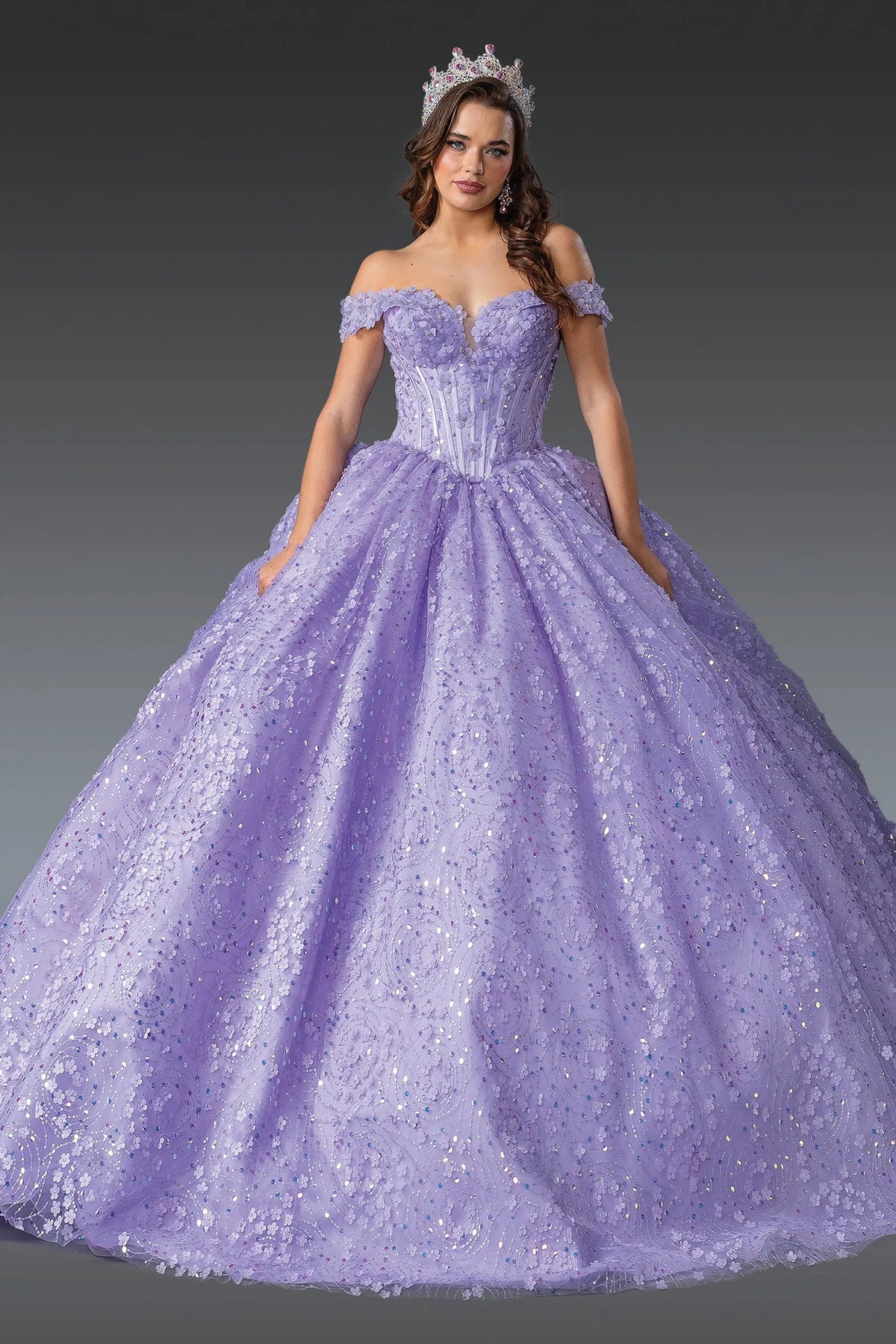 Front view of a Lilac quinceañera gown with off-the-shoulder neckline
