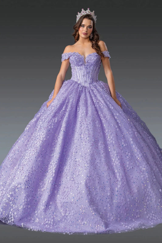 Front view of a Lilac quinceañera gown with off-the-shoulder neckline