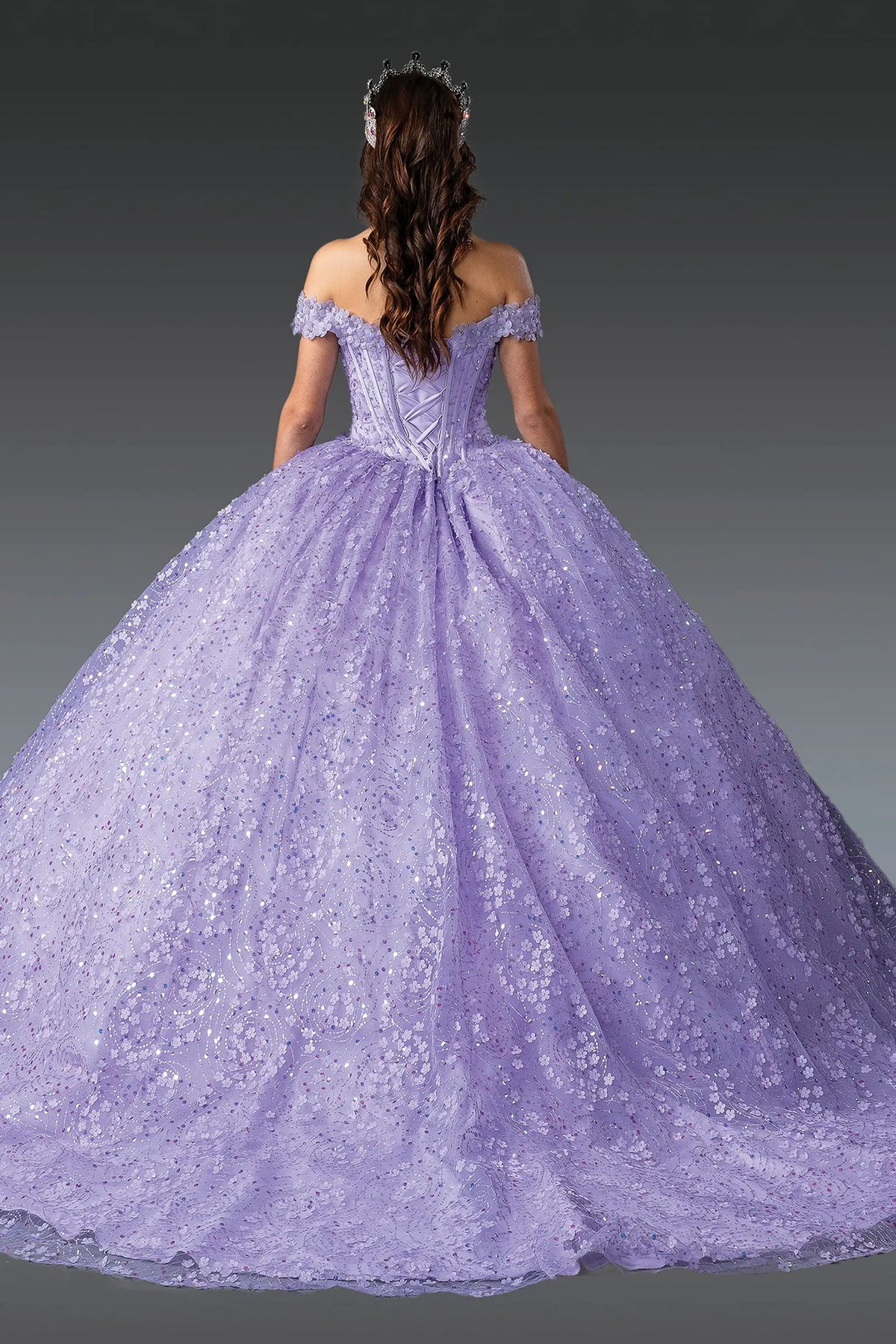 Full-length back view of a Lilac quinceañera gown showing lace-up back