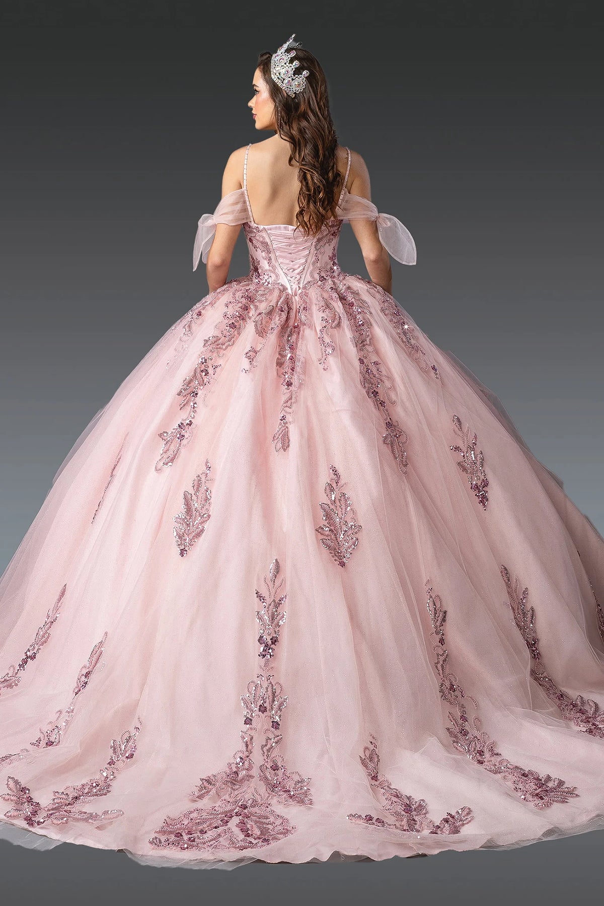 Back view of a Blush quinceañera gown showing lace-up back and embroidered tulle skirt