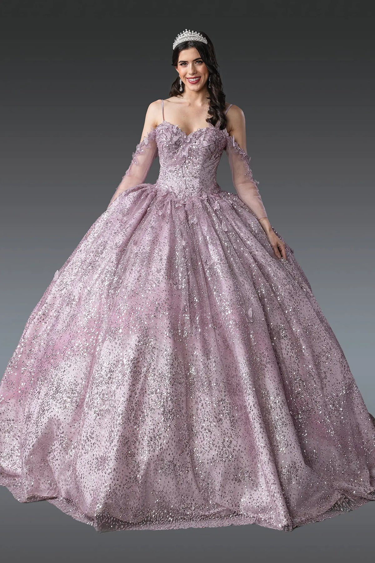 Front view of a Dusty Rose quinceañera gown with full ball-gown skirt