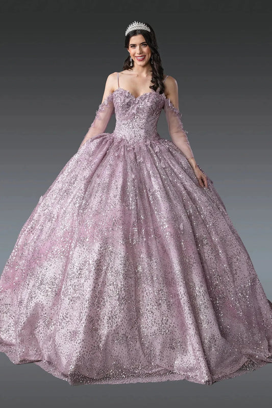 Front view of a Dusty Rose quinceañera gown with full ball-gown skirt