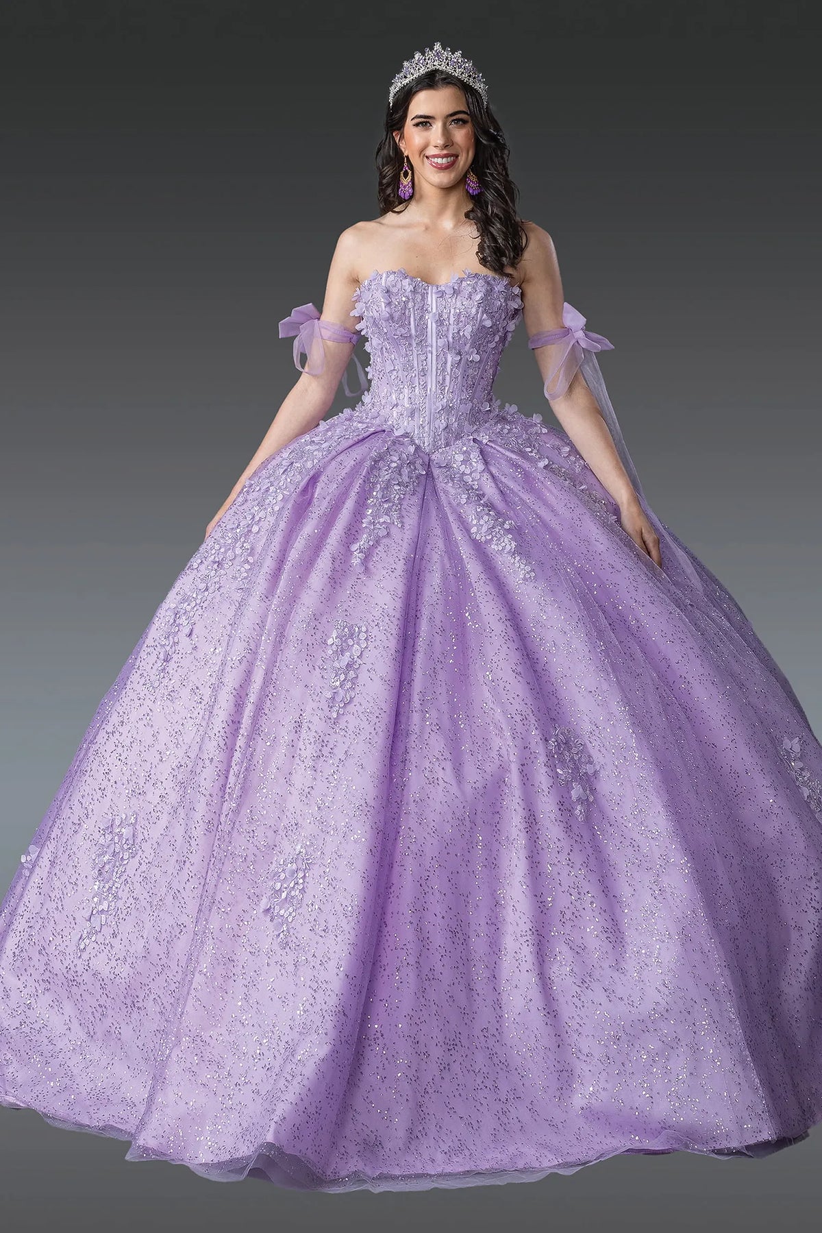 Full-length front view of a Lilac quinceañera gown with off-the-shoulder neckline