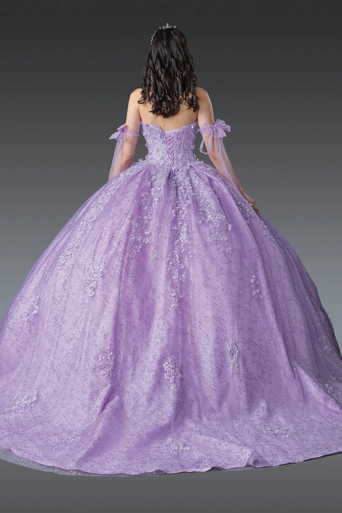 Back portrait of a Lilac quinceañera gown showing lace-up back