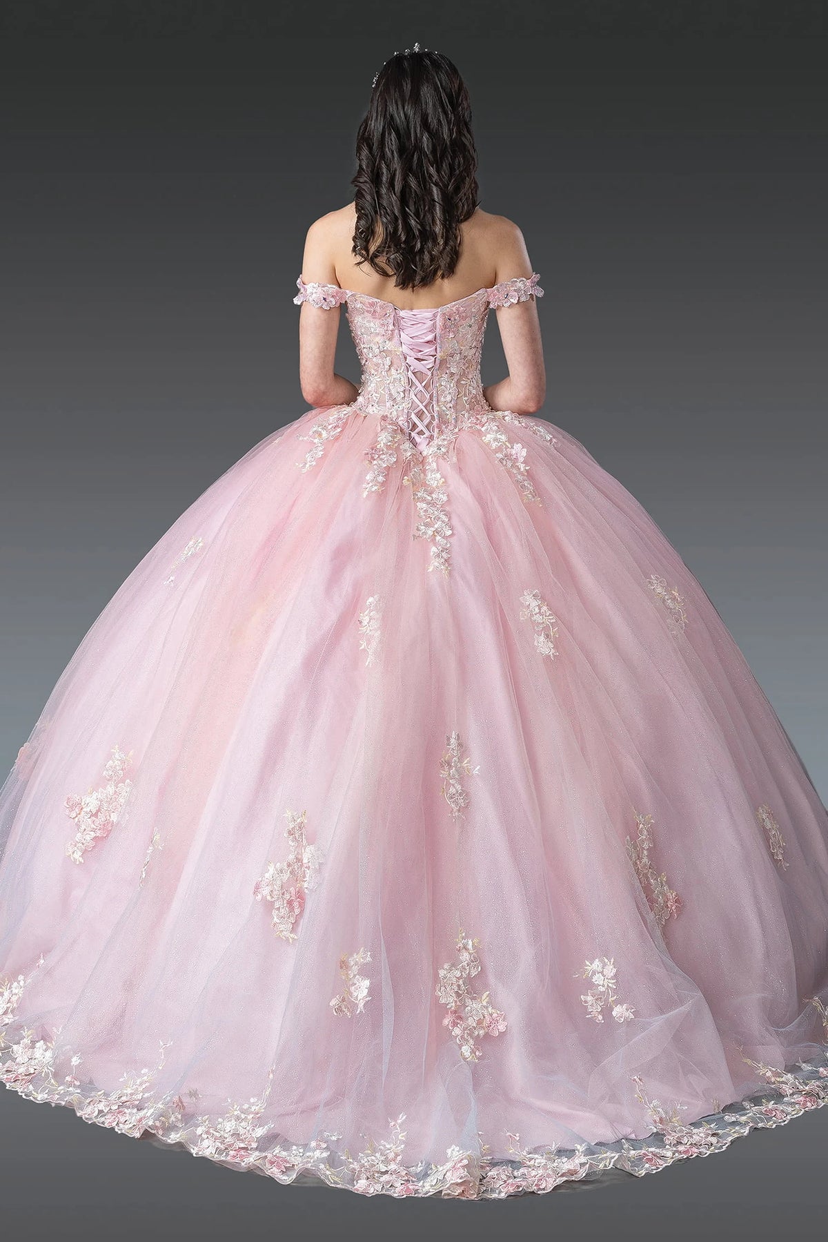 Back view of a Blush quinceañera gown showing lace-up back and crystal accents