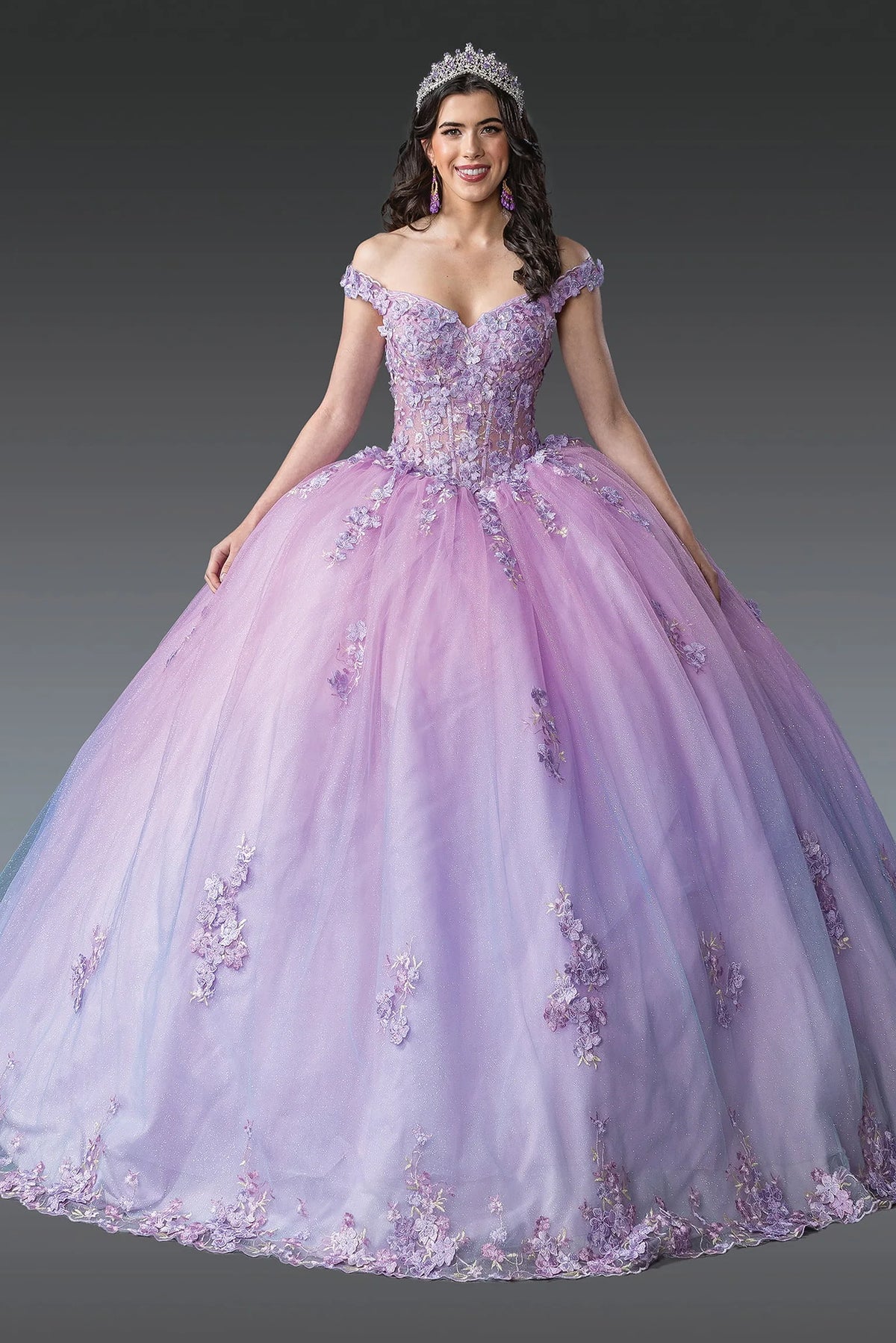 Front view of a Lilac quinceañera gown with off-the-shoulder neckline and crystal accents
