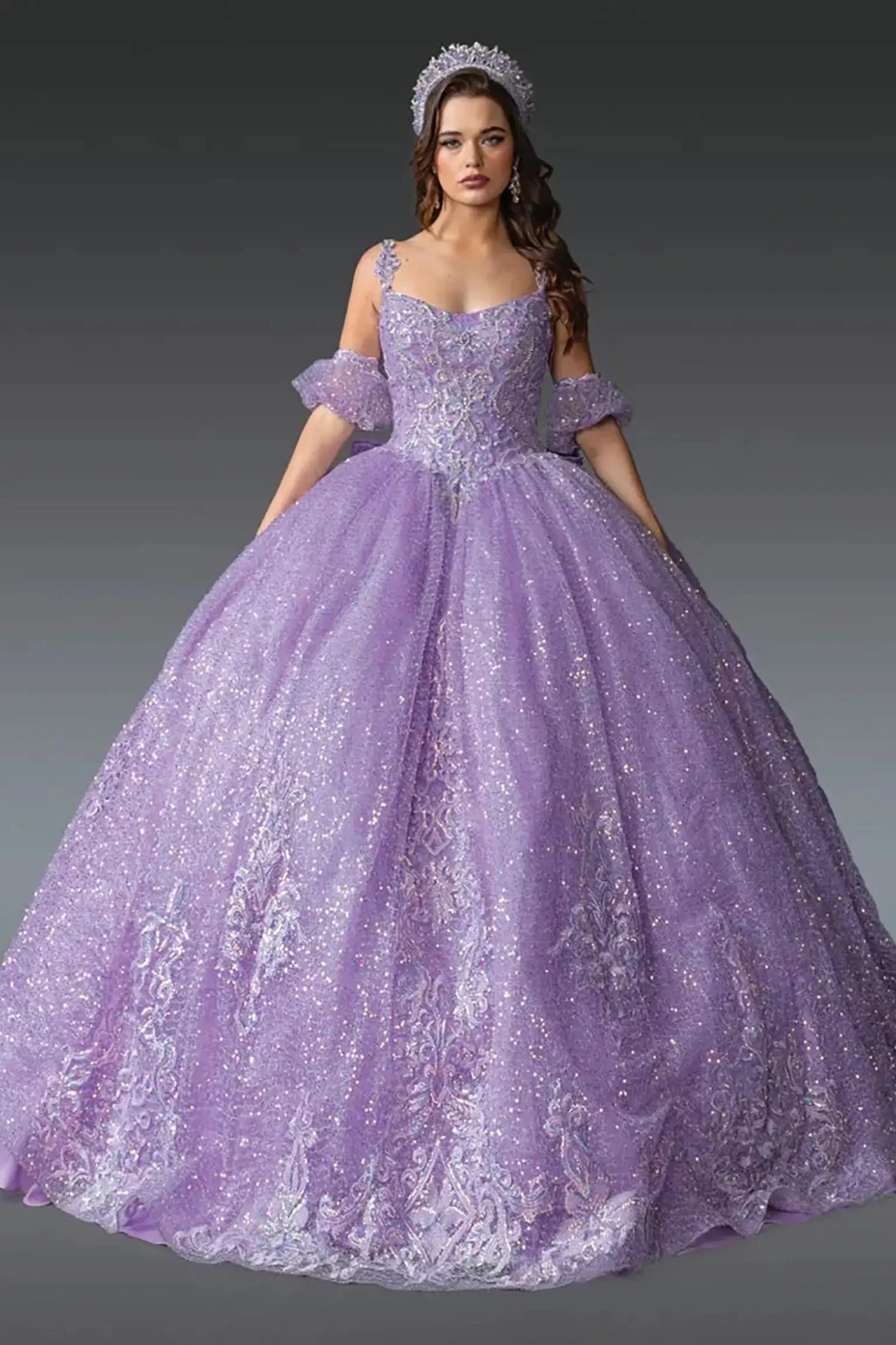 Front: Lilac glitter quinceañera ball gown with structured bodice, delicate straps, and full sparkling skirt
