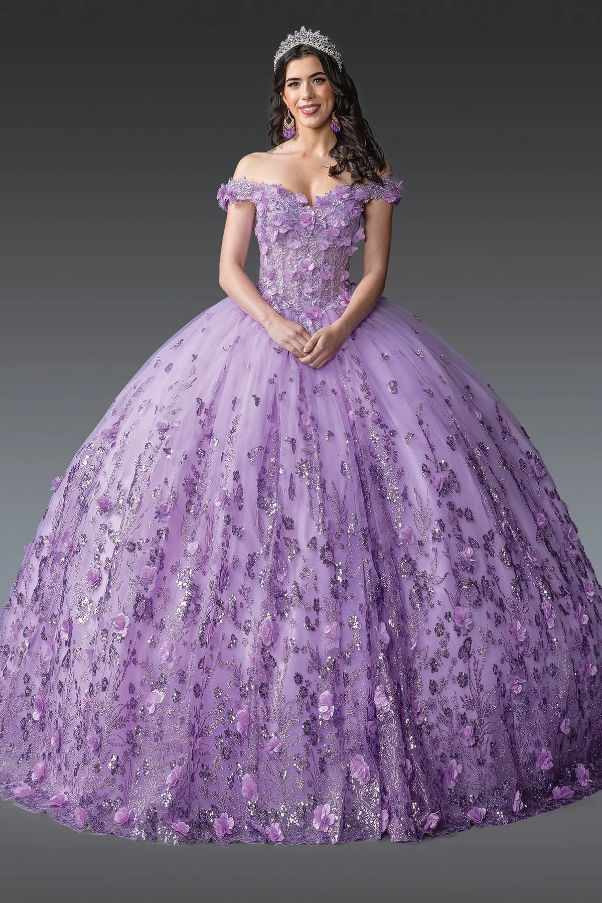 Front view of a Lilac quinceañera gown with beaded bodice and floral appliqués