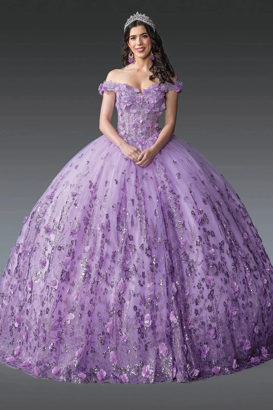 Front view of a Lilac quinceañera gown with beaded bodice and floral appliqués