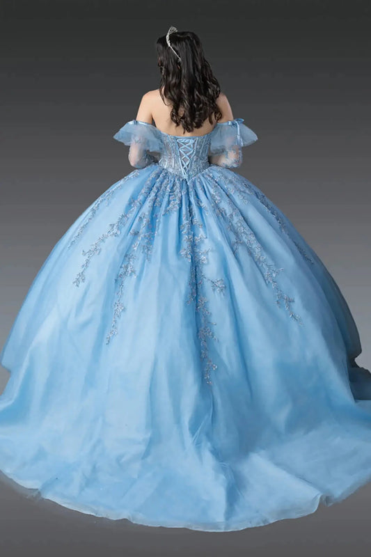 Back view of sky blue quinceañera ball gown featuring lace-up corset back, off-the-shoulder tulle sleeves, embroidered appliqués, and full flowing tulle skirt
