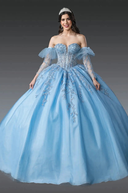 Front view of sky blue quinceañera ball gown with sheer corset bodice, off-the-shoulder tulle sleeves, lace appliqués, and voluminous tulle skirt.