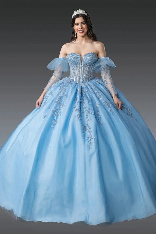 Front view of sky blue quinceañera ball gown with sheer corset bodice, off-the-shoulder tulle sleeves, lace appliqués, and voluminous tulle skirt.