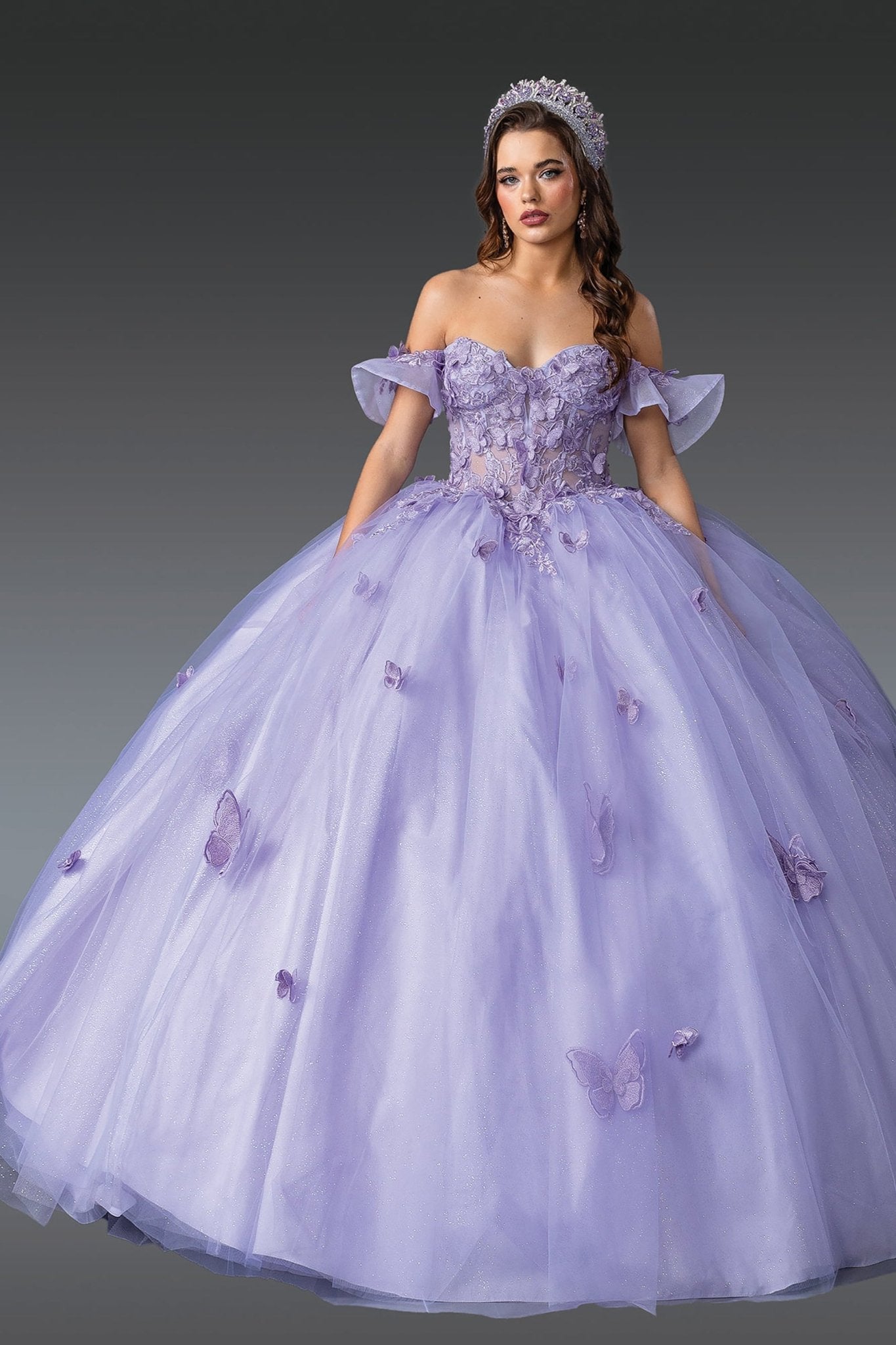 Quinceanera | Lilac Off-Shoulder Embroidered Bodice, Butterfly Appliqués Tulle Skirt Quince Ballgown Dress | Lupita dress front view