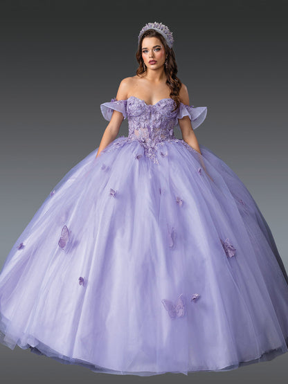 Quinceanera | Lilac Off-Shoulder Embroidered Bodice, Butterfly Appliqués Tulle Skirt Quince Ballgown Dress | Lupita dress front view