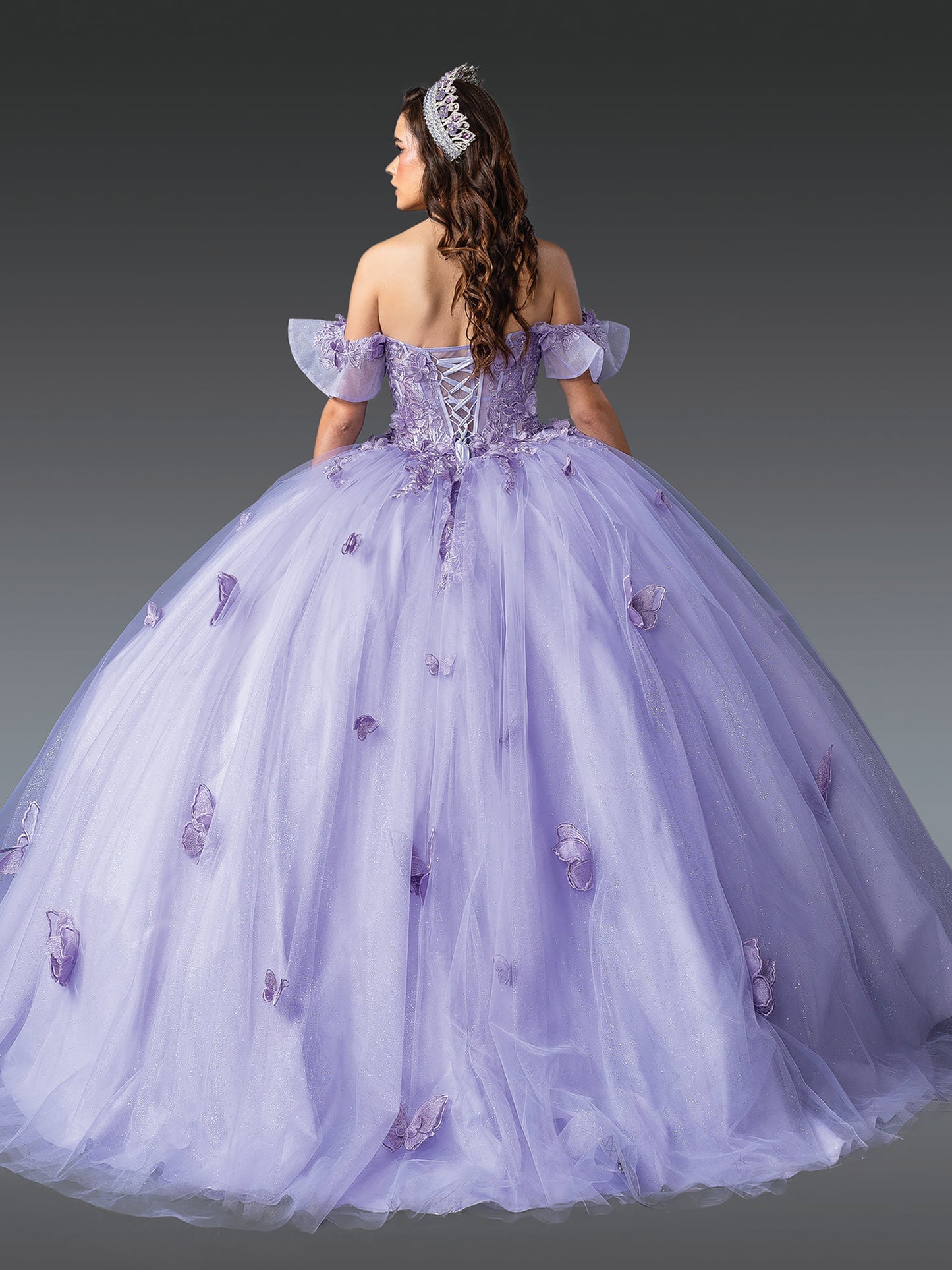 Quinceanera | Lilac Off-Shoulder Embroidered Bodice, Butterfly Appliqués Tulle Skirt Quince Ballgown Dress | Lupita dress back view