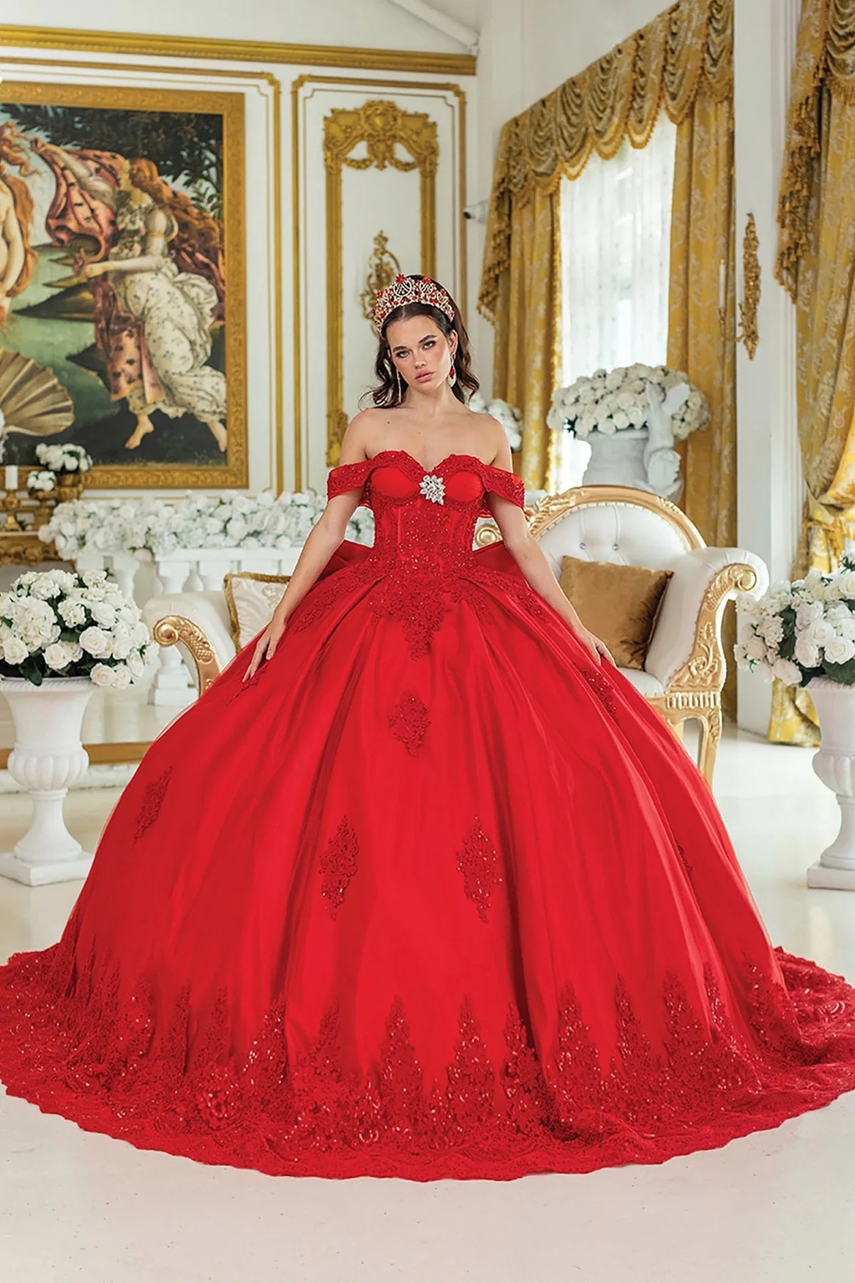 red quince ball gown with off-the-shoulder straps, a fitted embellished bodice, and a long train