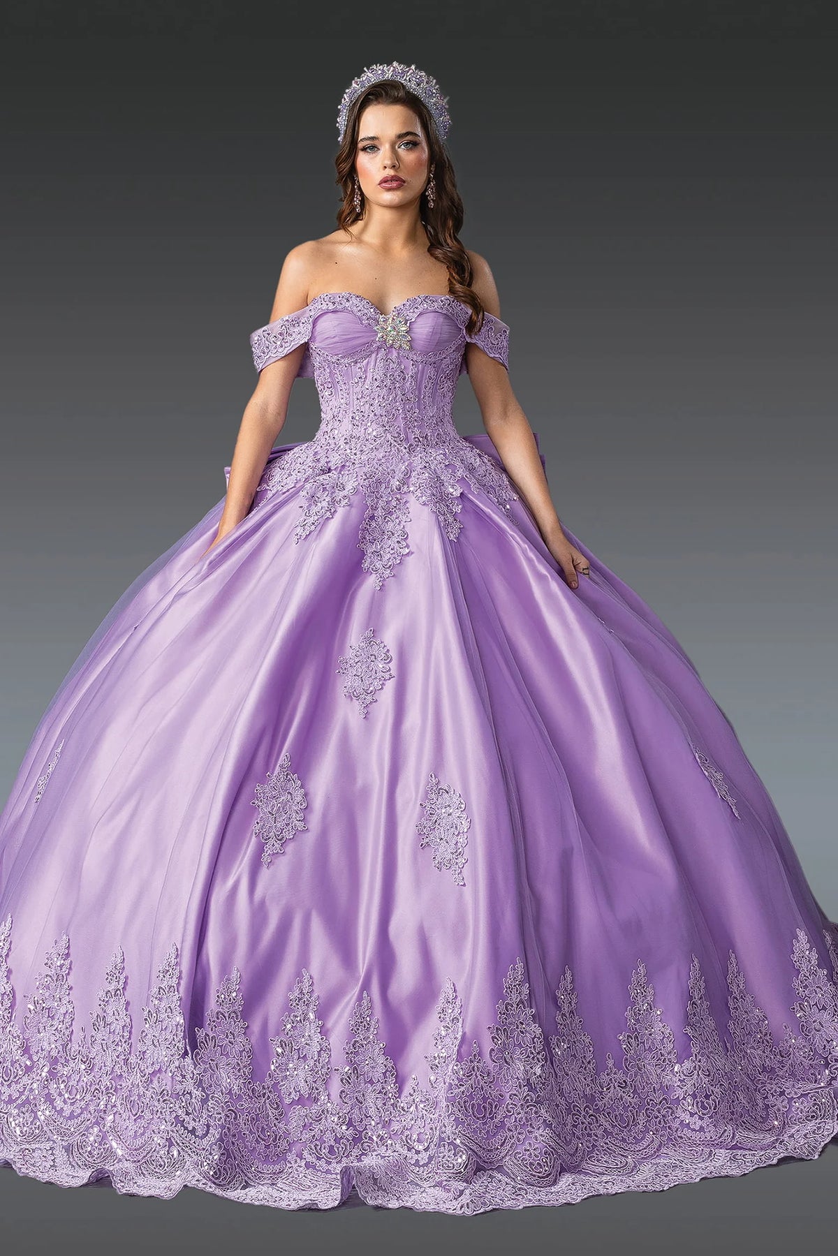 Front portrait of a Lilac quinceañera gown with off-the-shoulder neckline and floral embroidery