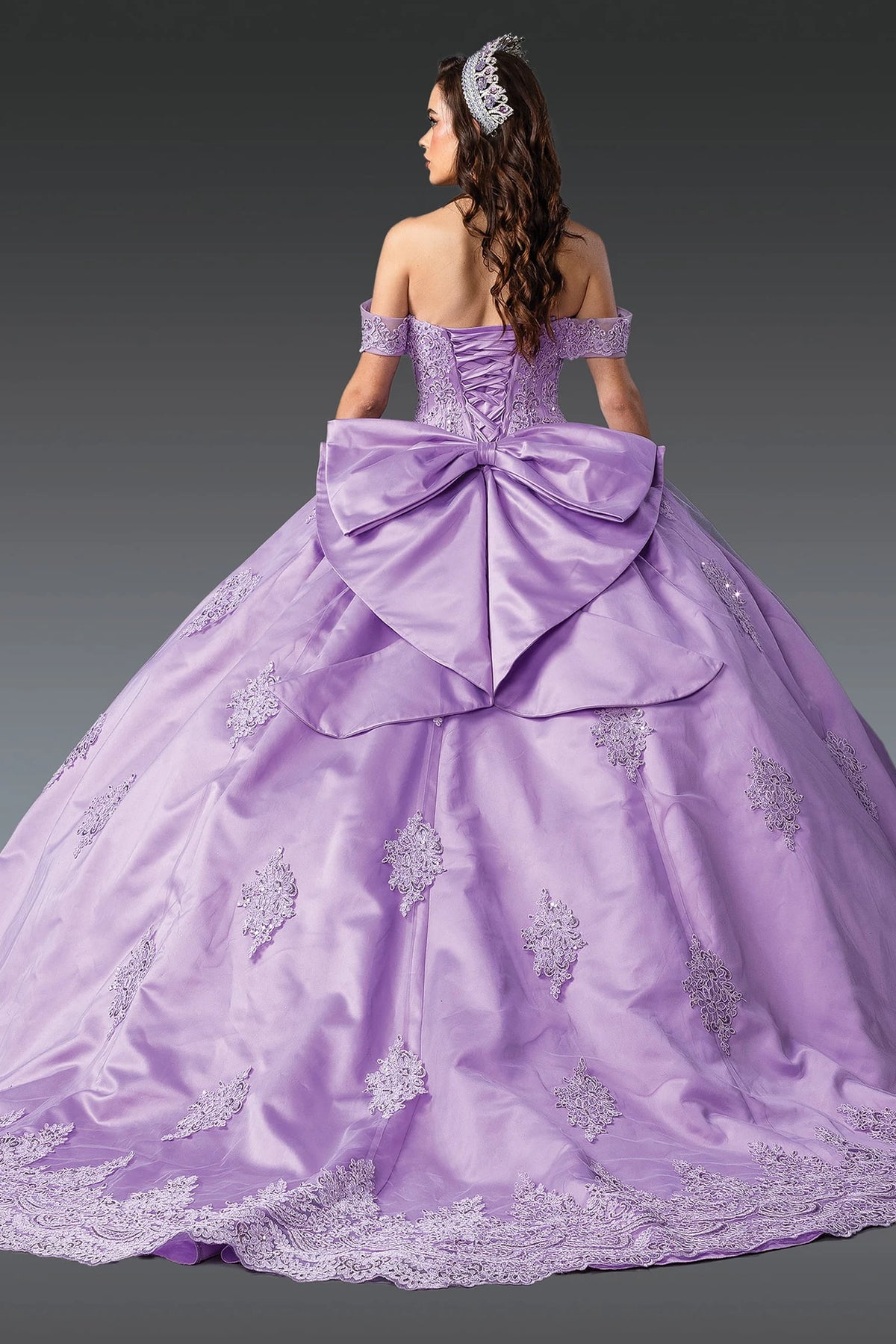 Full-length back view of a Lilac quinceañera gown showing lace-up back and floral embroidery