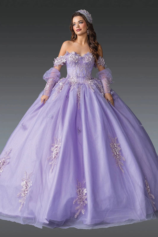 Full-skirt front view of a Lilac quinceañera gown with off-the-shoulder neckline and floral appliqués