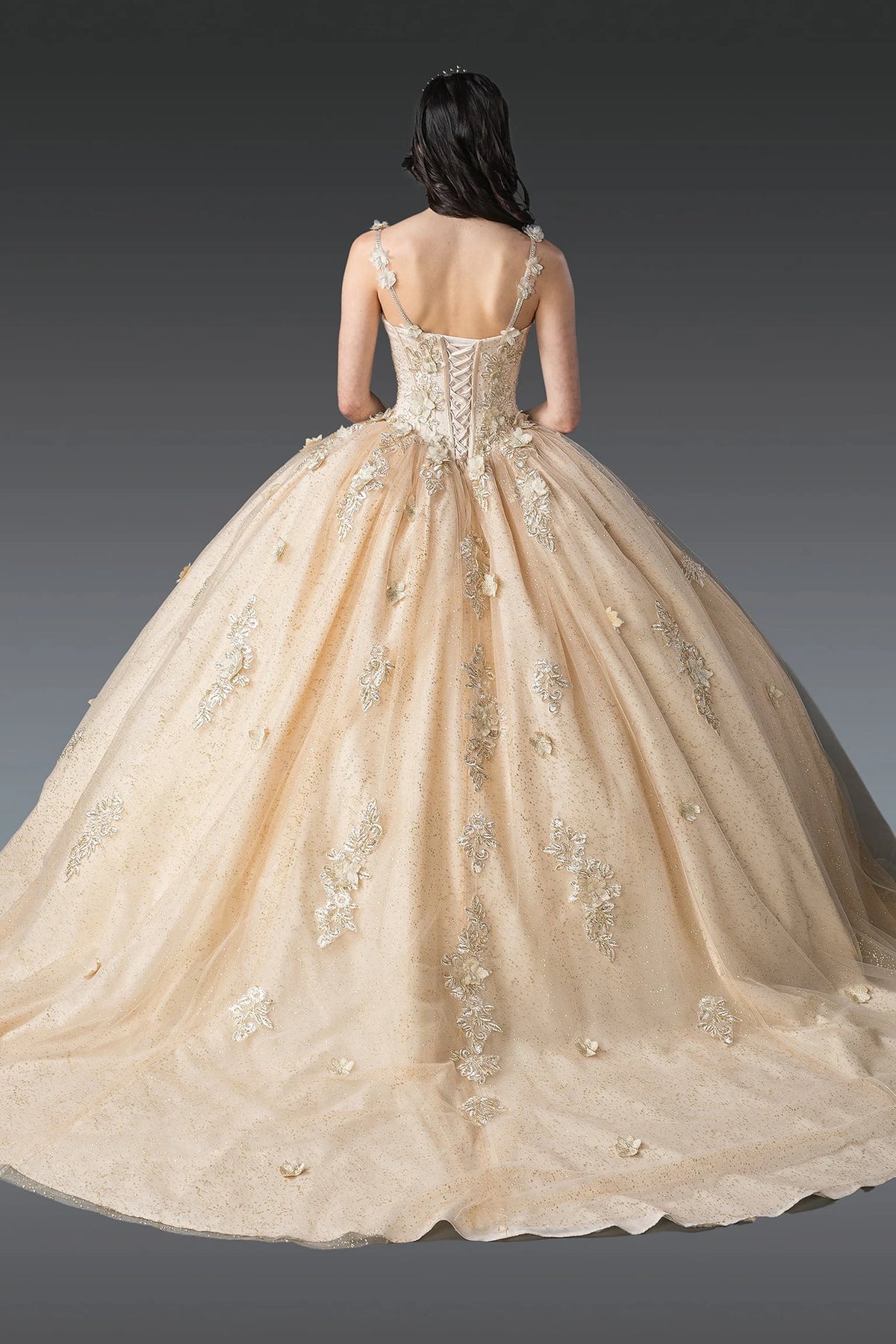 Back view of a Champagne quinceañera gown showing lace-up back and voluminous full skirt