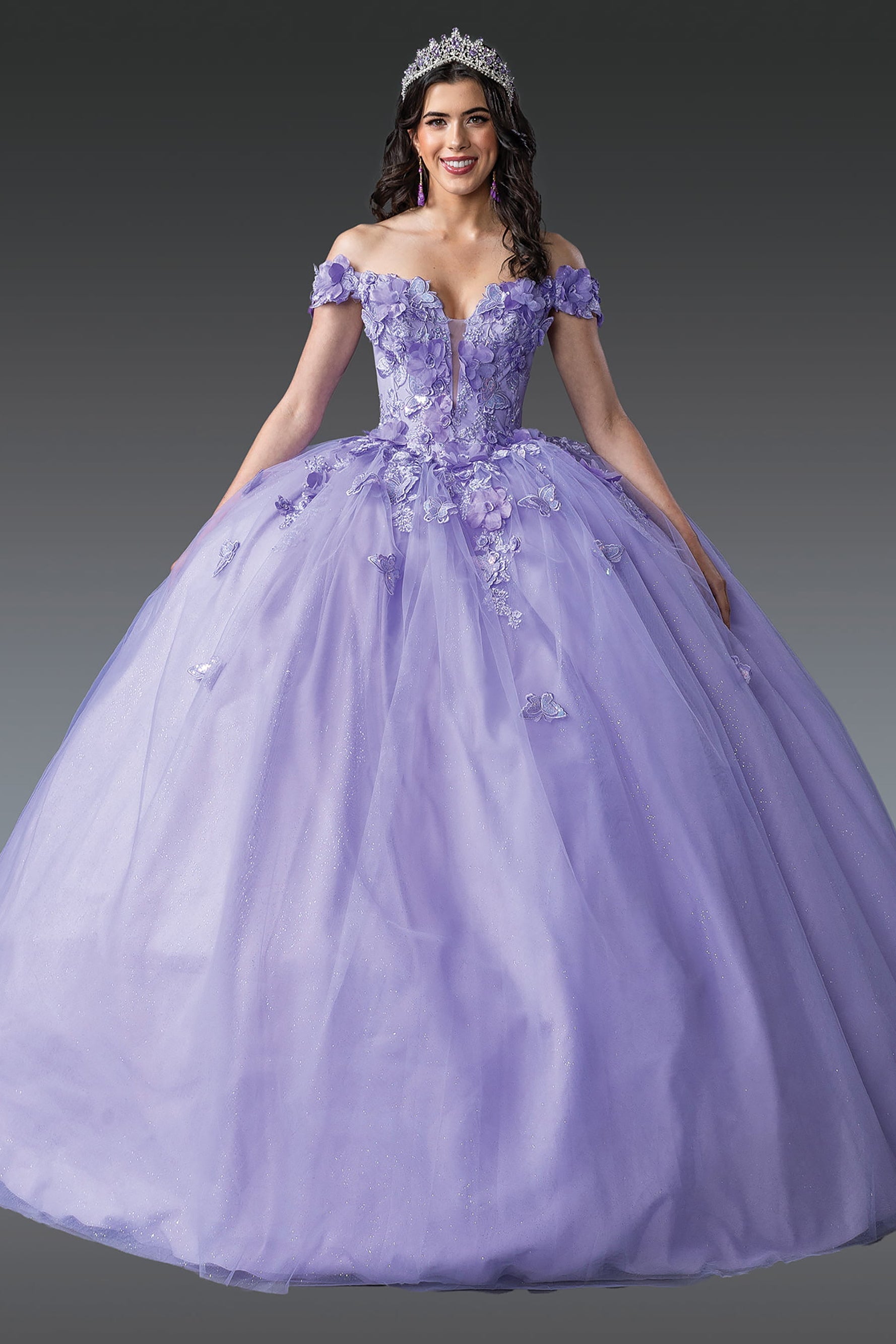 Quinceanera | Lilac Regal Off-Shoulder Embroidered Bodice and Full Skirt with Floral Appliqués Quince Ballgown Dress | Luna dress front view