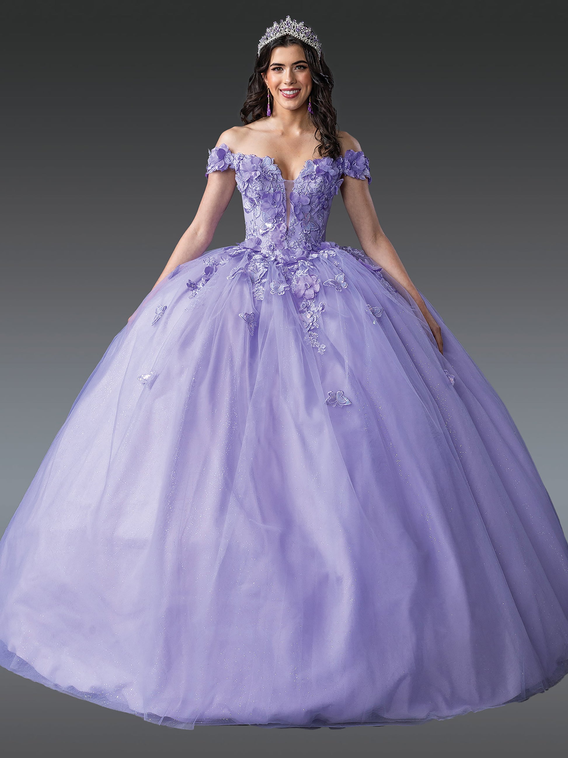 Quinceanera | Lilac Regal Off-Shoulder Embroidered Bodice and Full Skirt with Floral Appliqués Quince Ballgown Dress | Luna dress front view