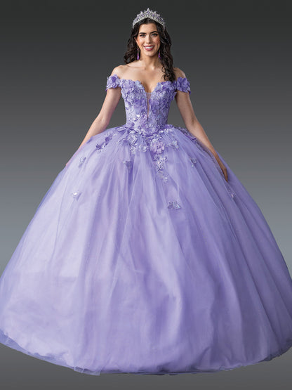 Quinceanera | Lilac Regal Off-Shoulder Embroidered Bodice and Full Skirt with Floral Appliqués Quince Ballgown Dress | Luna dress front view