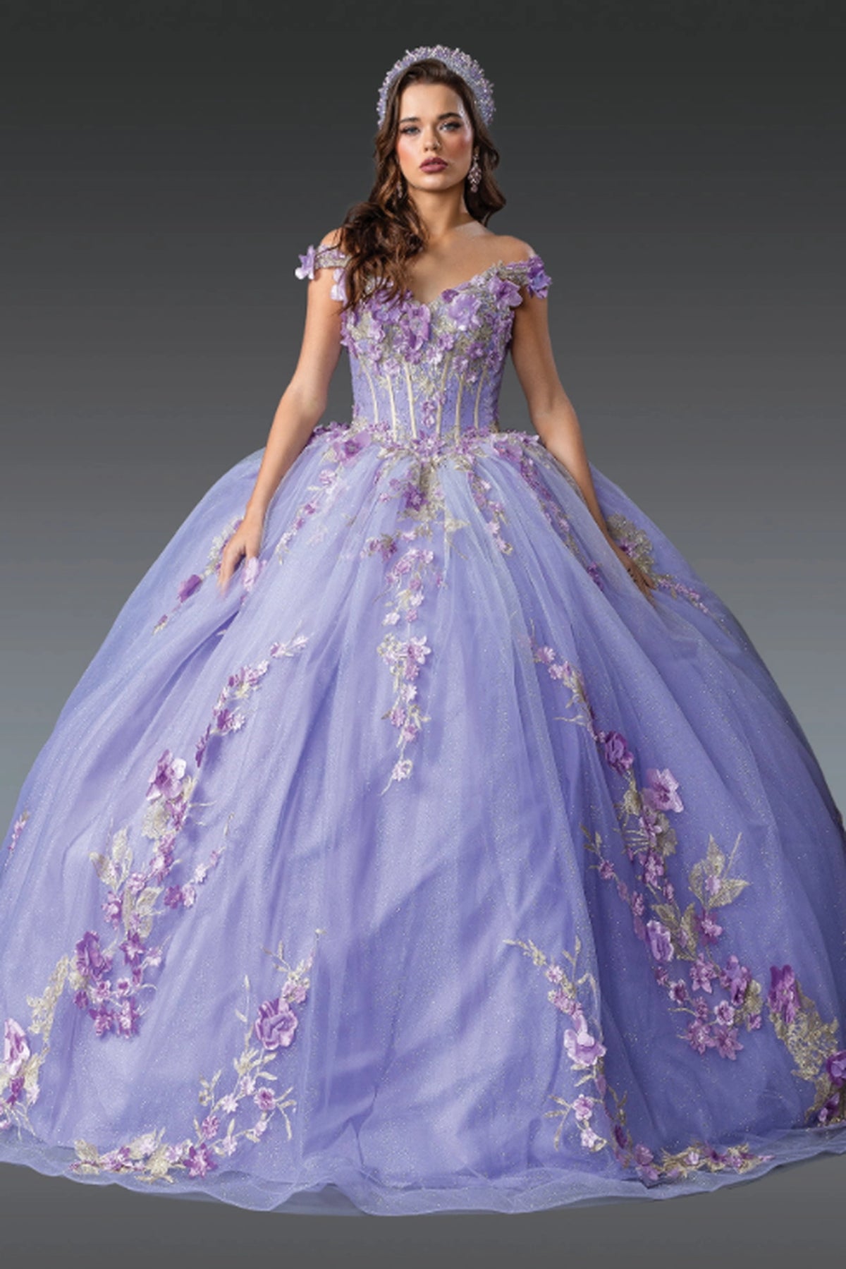 Front angle of a Lilac quinceañera gown with off-the-shoulder neckline and floral appliqués