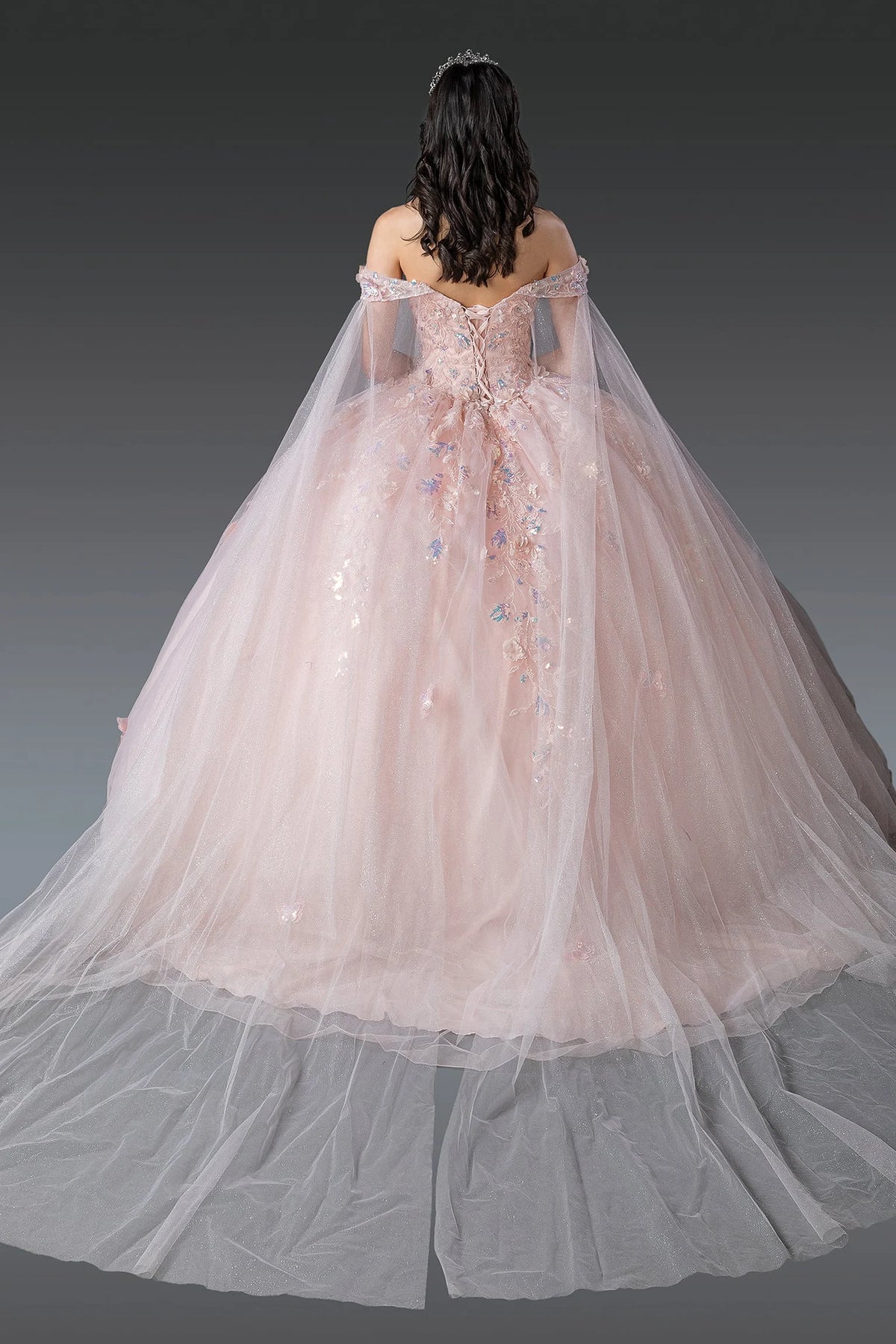 Back view of a Blush quinceañera gown showing lace-up back and voluminous full skirt