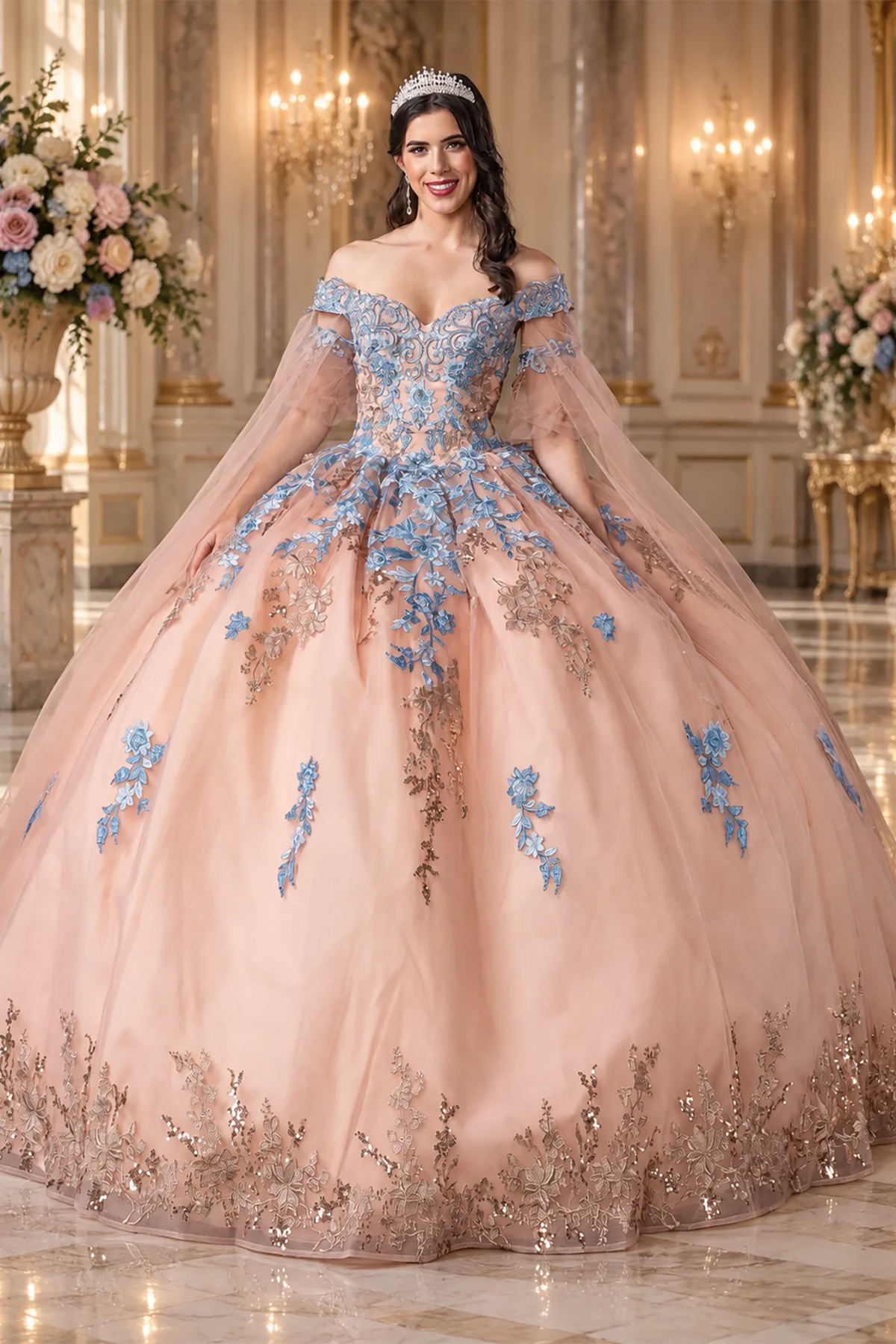 rose gold quince dress with blue flower and gold embroidery