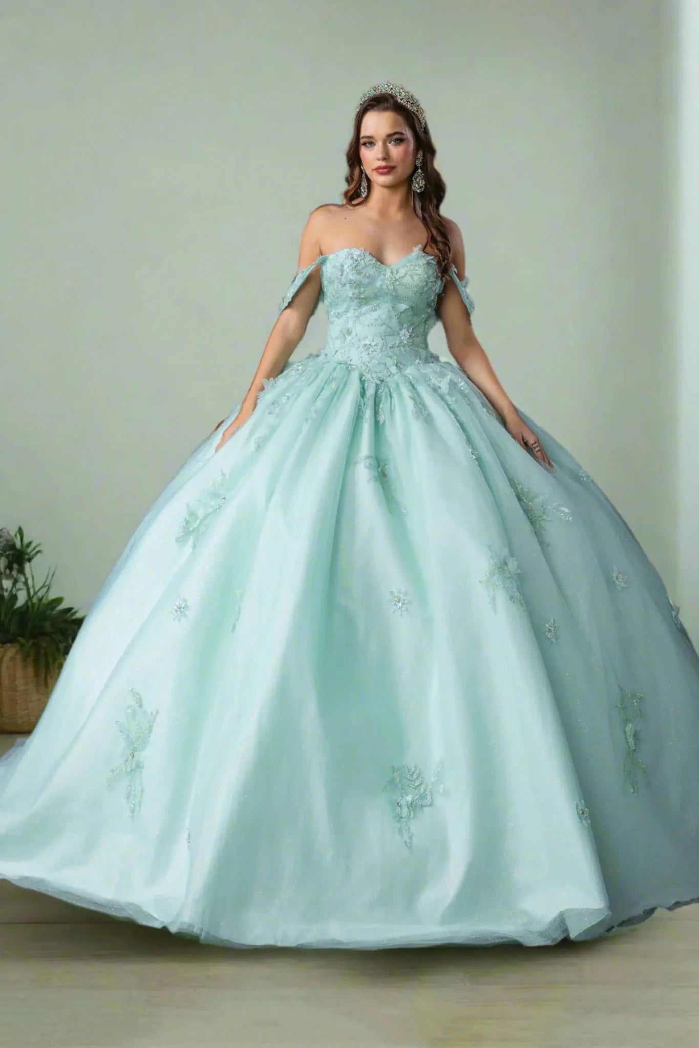 Woman wearing a mint blue ball gown with floral embroidery on a plain background