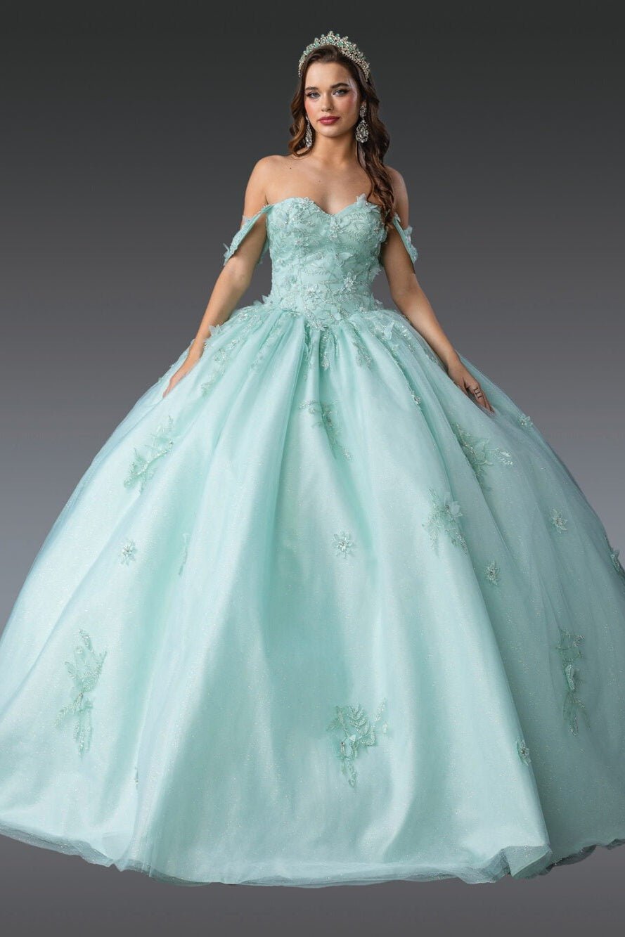 Mint green quince ball gown with intricate detailing 