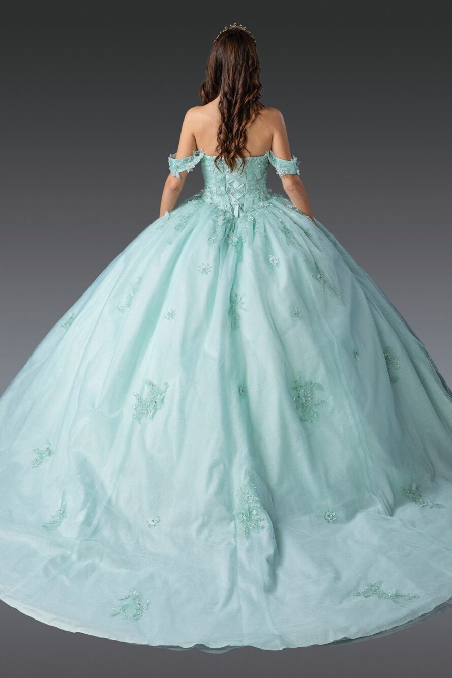 Mint green ball gown with floral details and lace up back