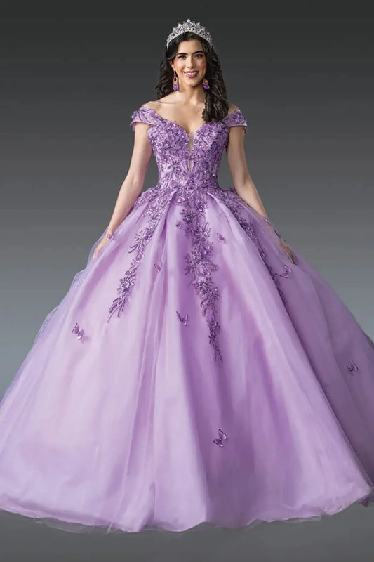 Front view of lilac off-shoulder quinceañera ball gown with corset bodice, deep V neckline, floral appliqués, butterfly accents, and full tulle skirt