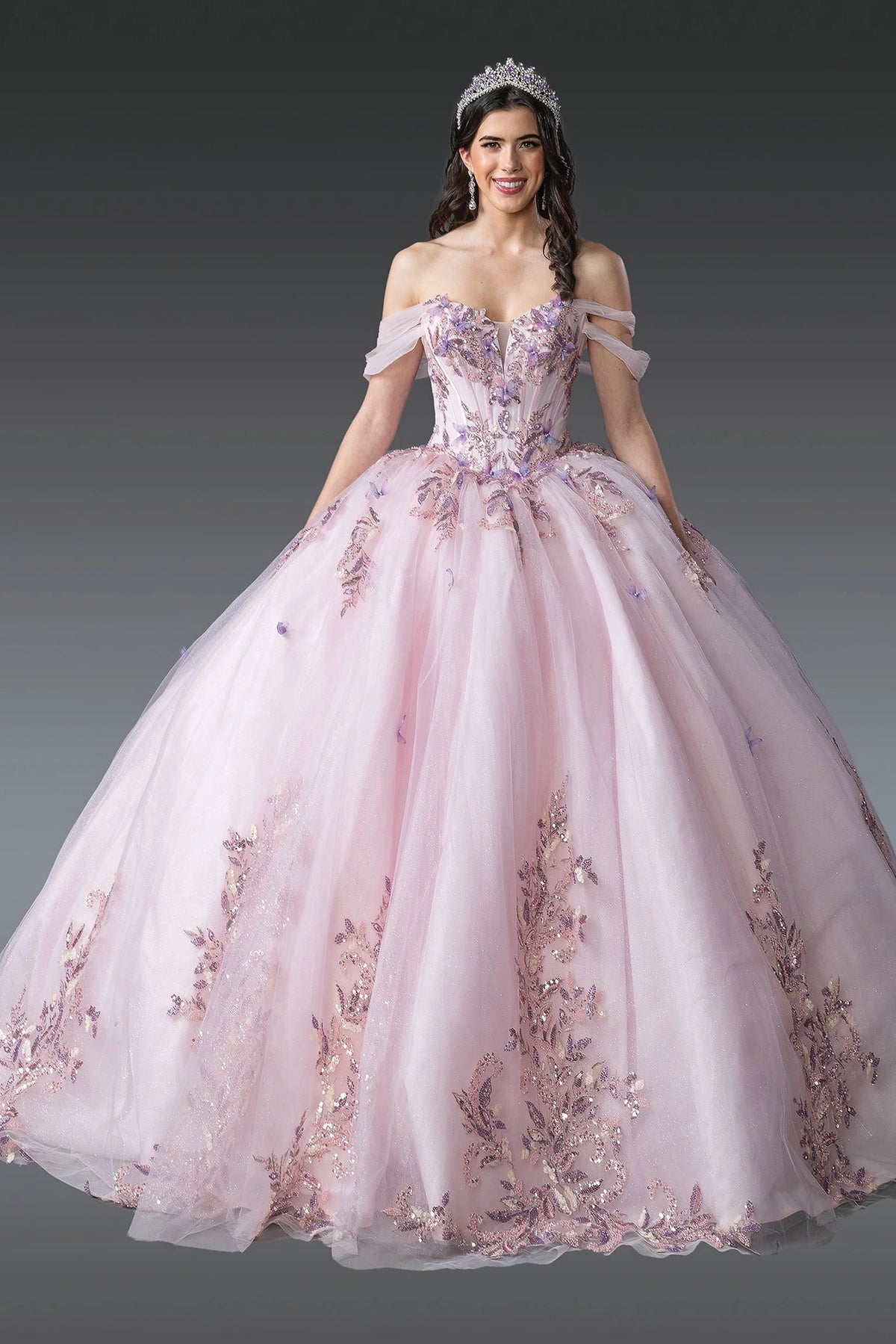 Front view of a Blush quinceañera gown with off-the-shoulder neckline and floral embroidery