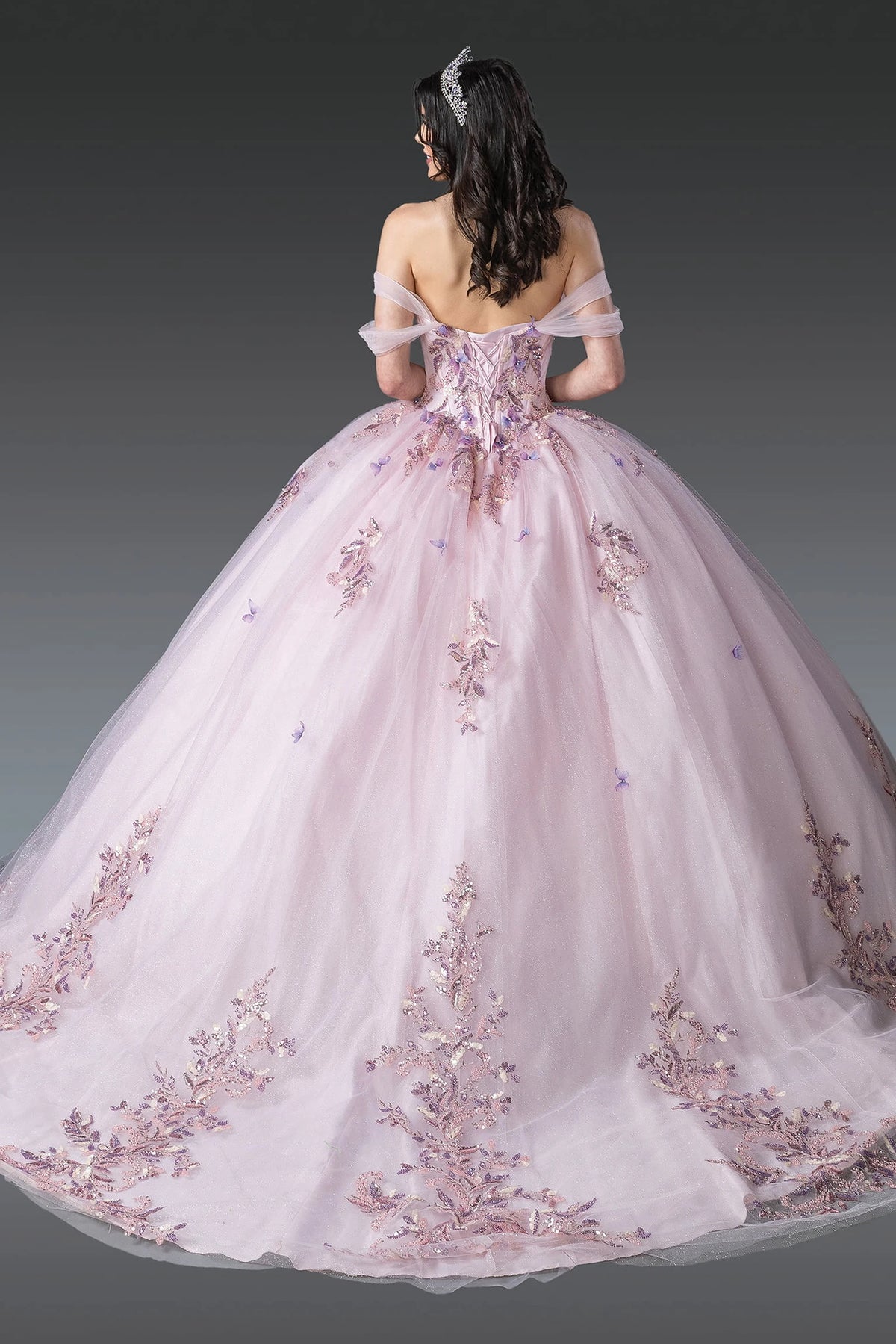 Back view of a Blush quinceañera gown showing lace-up back and floral embroidery