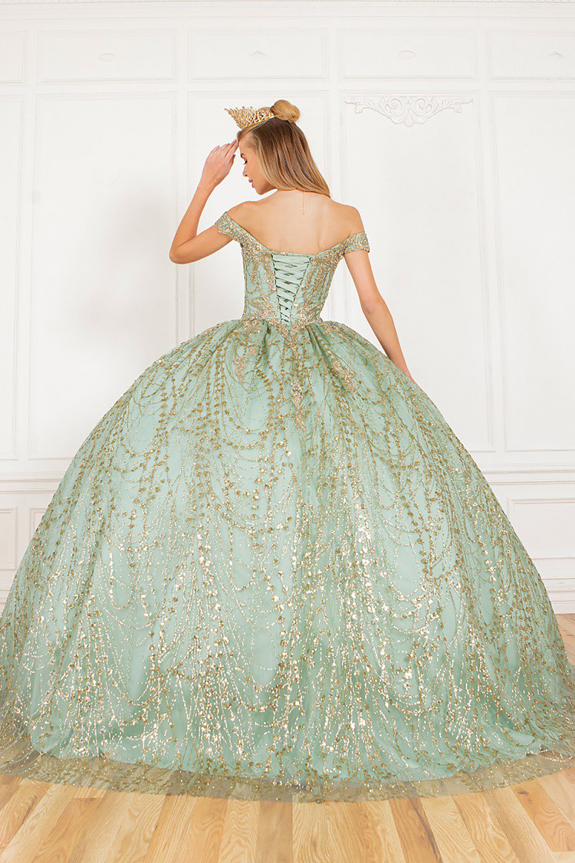 Quinceanera | Sage Rhinestone and Glittered Lace Off-Shoulder Spaghetti Back with Matching Cape Sweet 15 Ballgown | Antonella dress | 3 Colors Available back