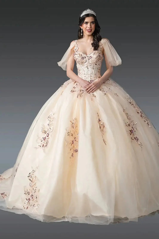 Front view: Champagne ball gown with sheer puff sleeves, embroidered corset bodice, and full tulle skirt with floral appliqués.
