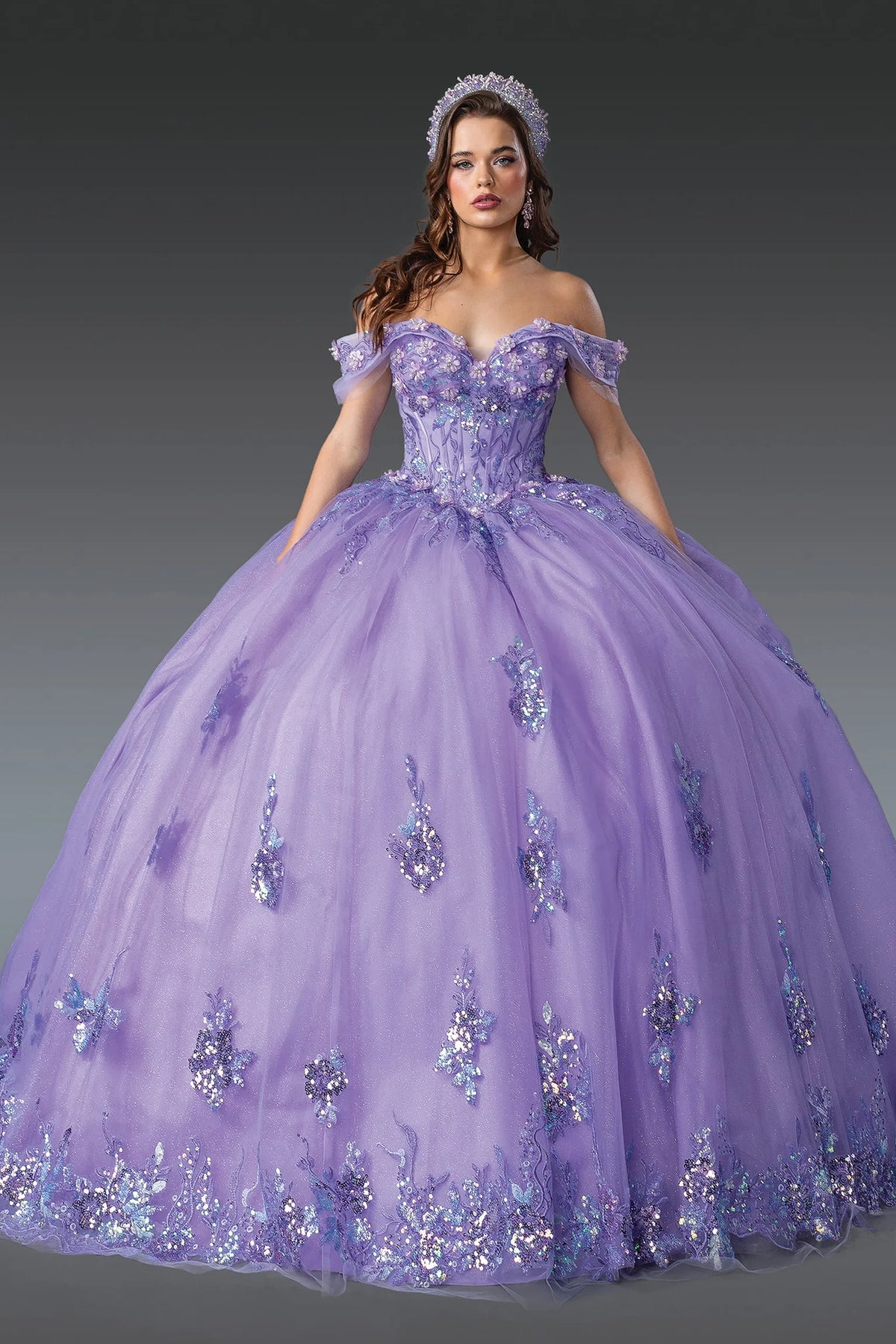 Front view of a Lilac quinceañera gown with off-the-shoulder neckline, embellished bodice, and 3D floral appliqués