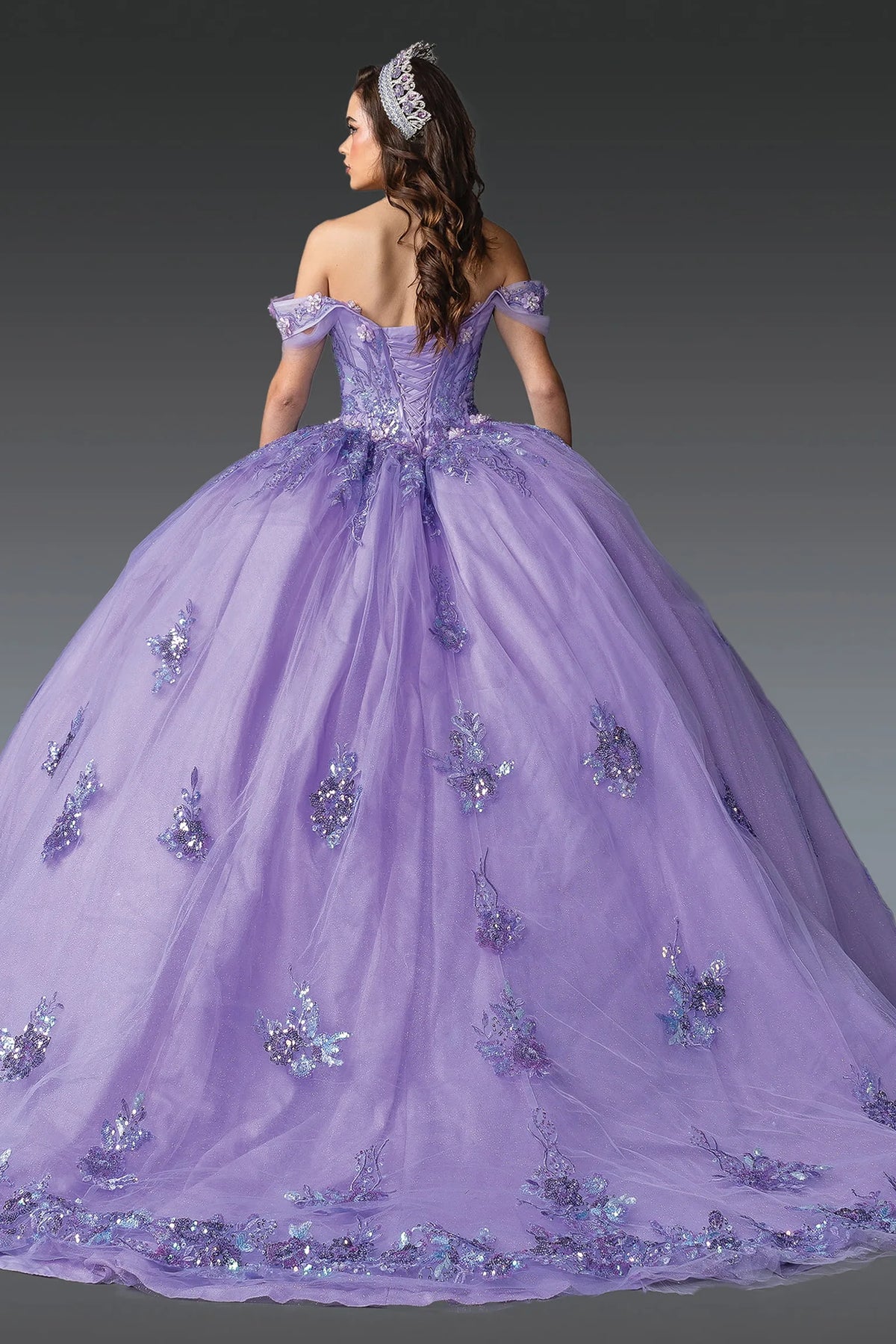 Back view of a Lilac quinceañera gown showing lace-up back and 3D floral appliqués