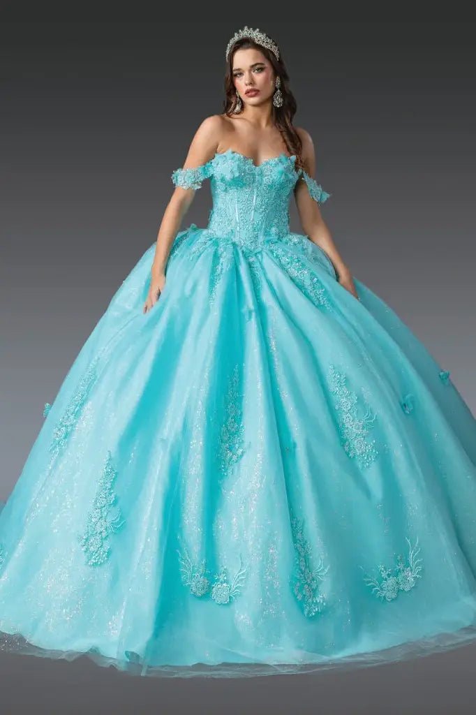 Front view of aqua quinceañera ball gown featuring off-shoulder corset bodice, floral lace appliqués, shimmering tulle skirt, and tiara styling photographed in studio
