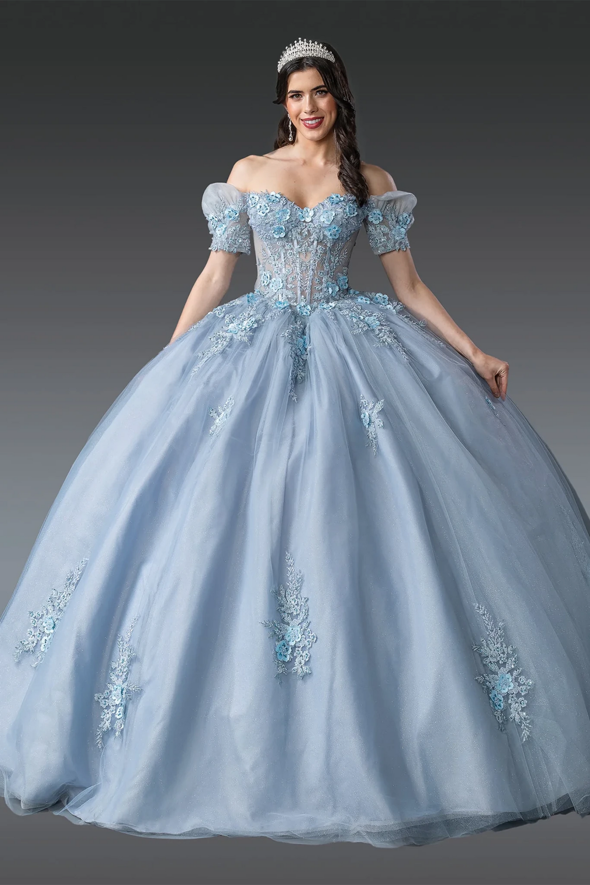 Gray floral applique quinceanera dress, full front view