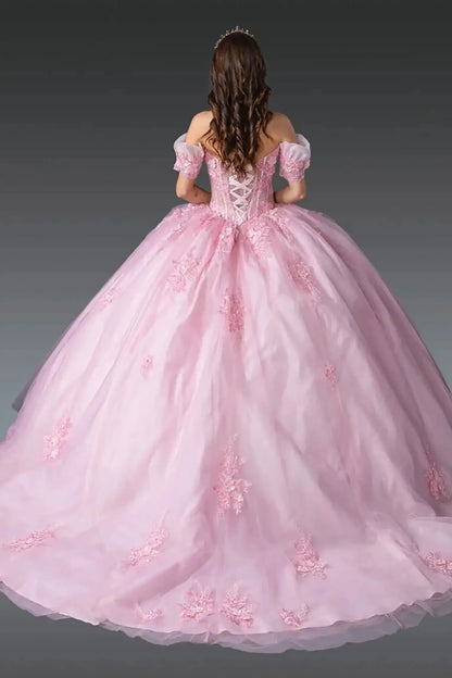 Back view of a pink quinceañera ball gown featuring a lace-up corset back, off-shoulder puff sleeves, floral appliqués, and a full flowing tulle skirt.