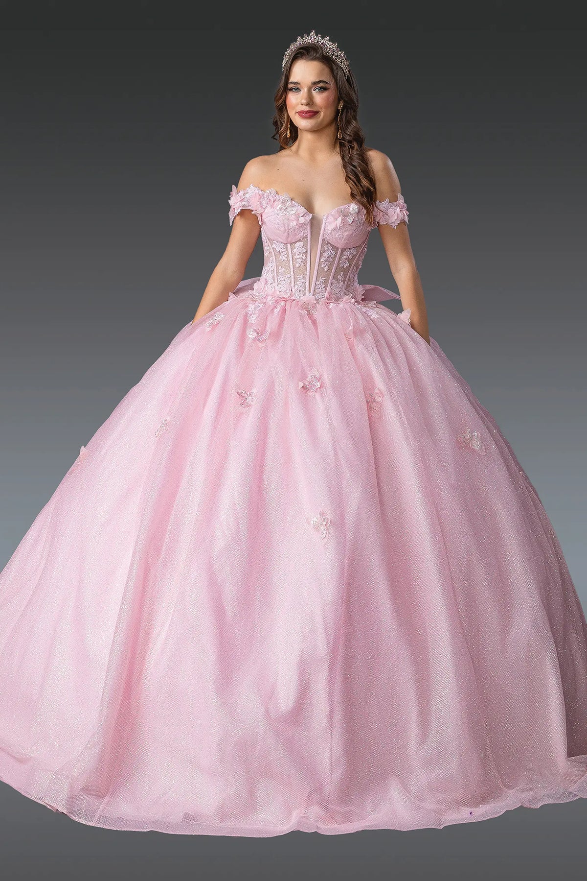 Front view of a Blush quinceañera gown with off-the-shoulder neckline, sheer corset bodice, floral appliqués, and glitter tulle skirt